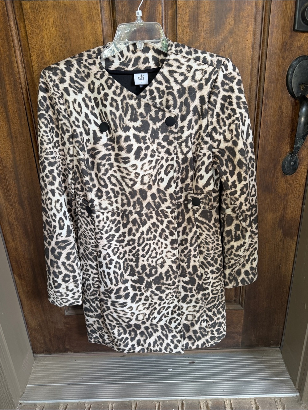 Cabi Leopard Longline Double-Breasted Coat in Cream and Black